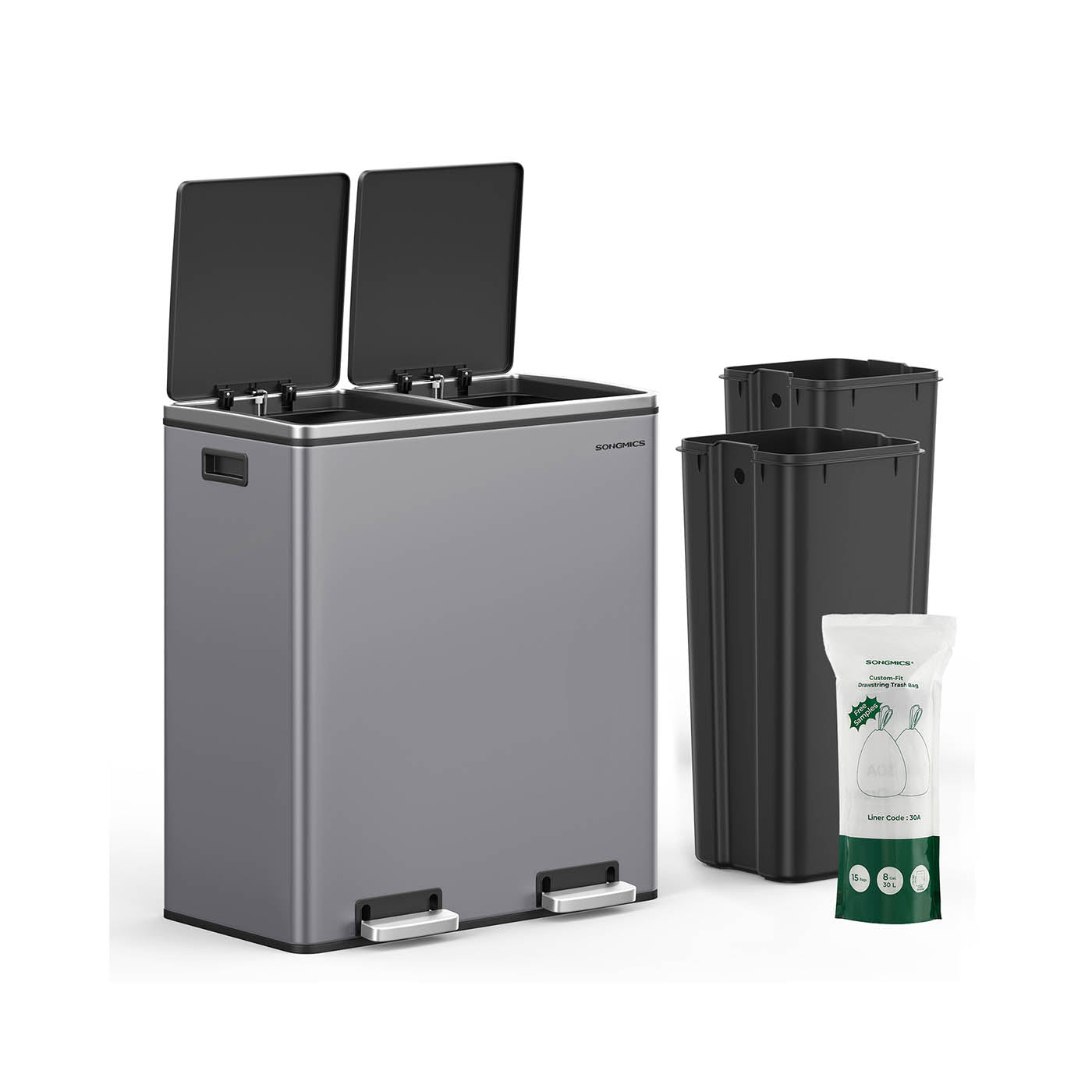 Skräp - med pedal - 2 fack - avtagbara inre hinkar - svart