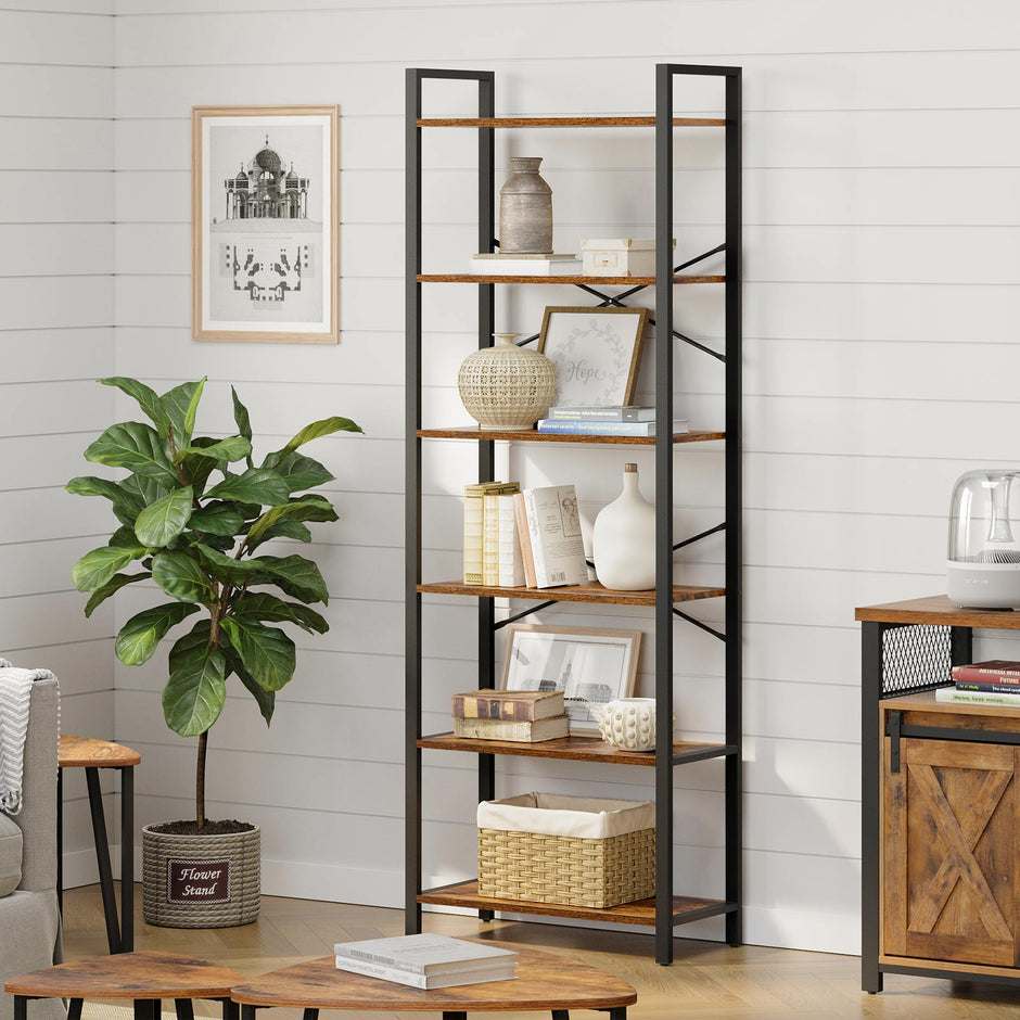 Bokhylla – 6 nivåer – Metallram – Vintage brun-svart