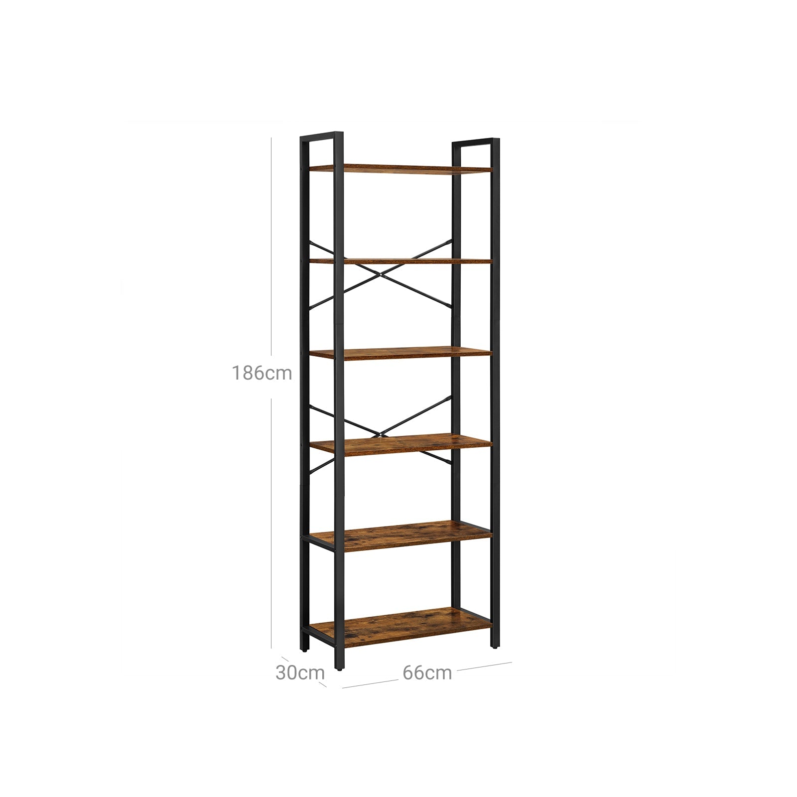 Bokhylla – 6 nivåer – Metallram – Vintage brun-svart