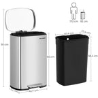 Skräpfack - Pedal Bin - 50L - Rostfritt stål - Softclose - lufttätt - plastisk inre hink