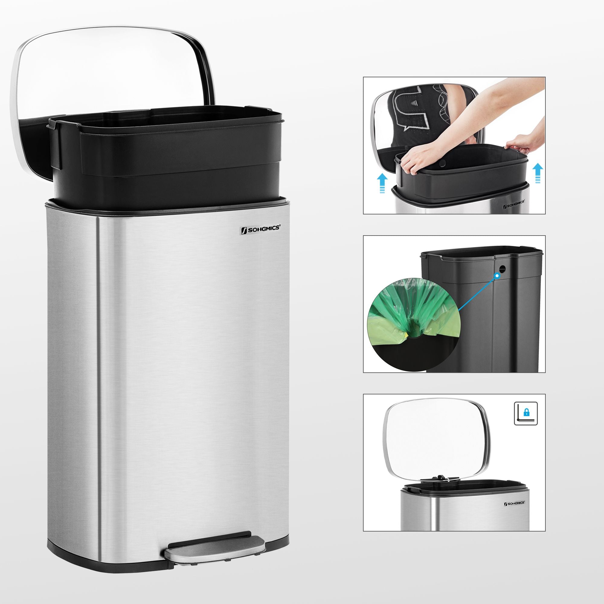 Skräpfack - Pedal Bin - 50L - Rostfritt stål - Softclose - lufttätt - plastisk inre hink