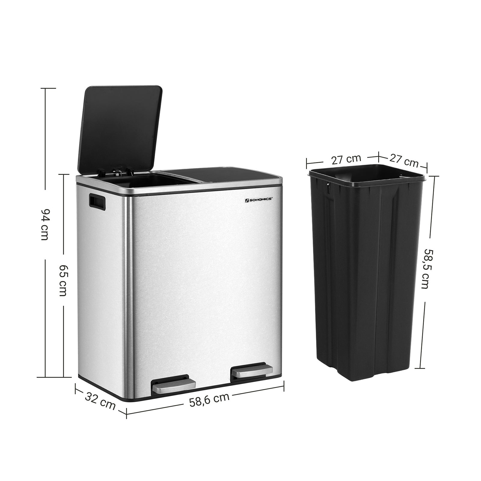 Avfallsbehållare - 2 x 30 L - lufttät - avfallsseparation - silver