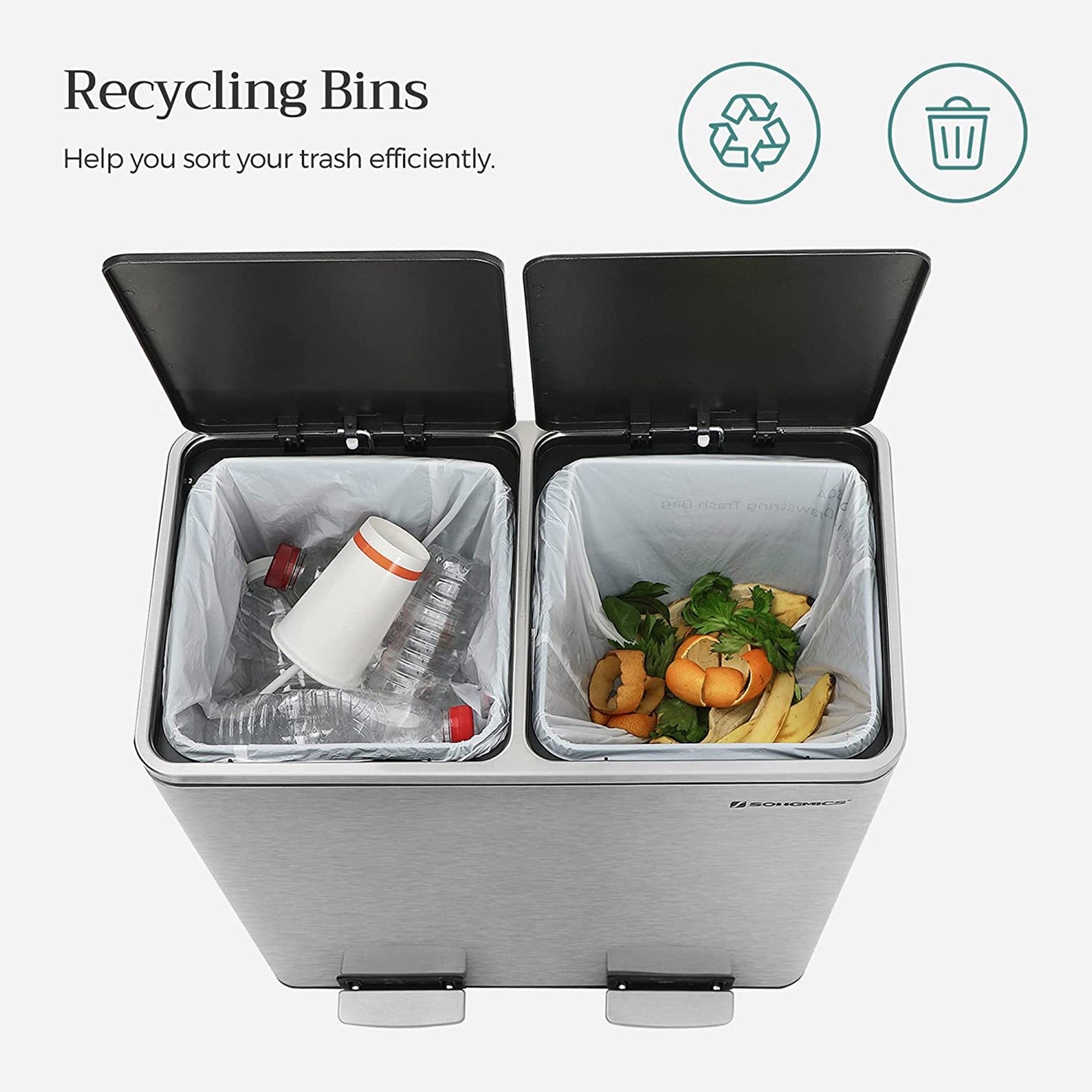 Avfallsbehållare - 2 x 30 L - lufttät - avfallsseparation - silver