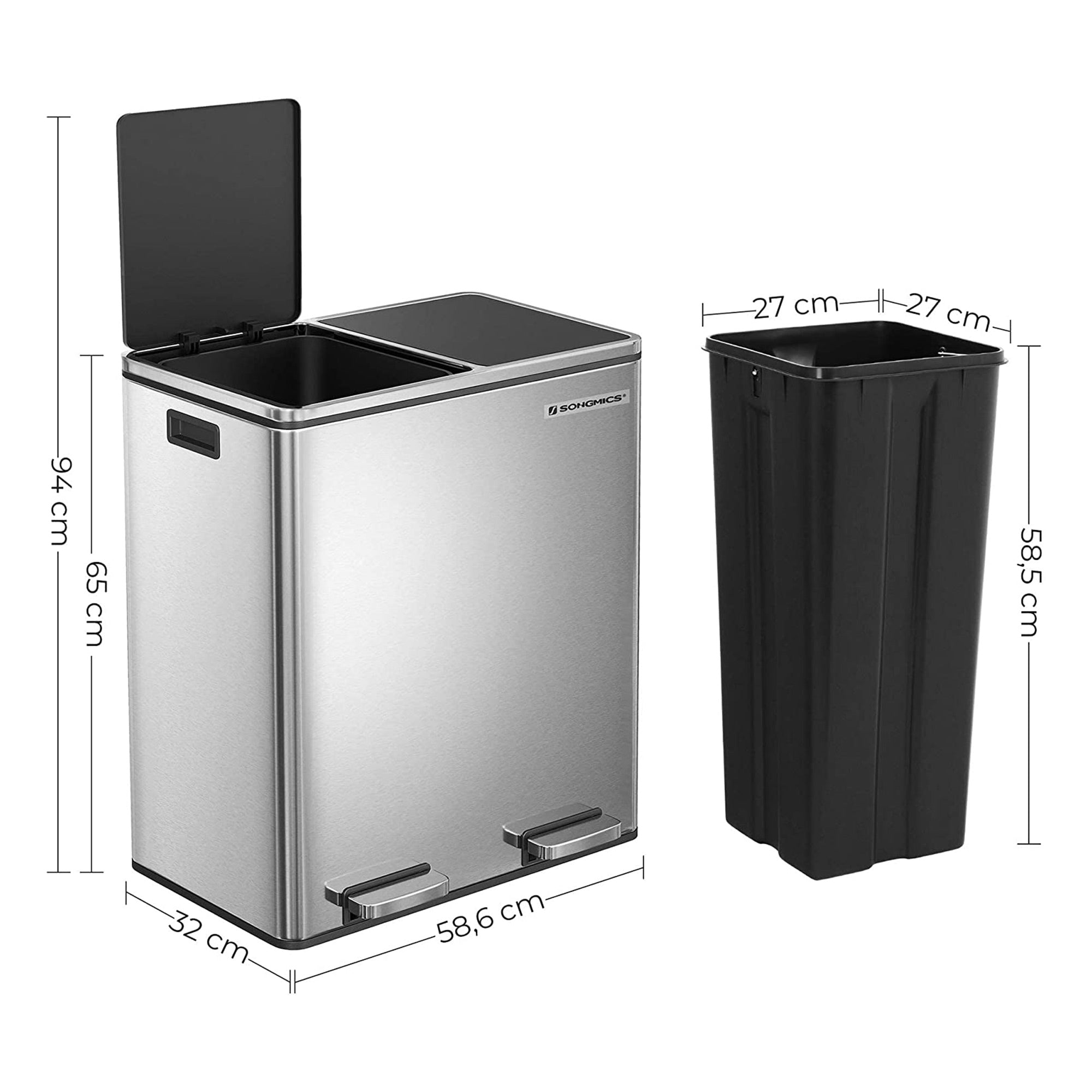 Avfallsbehållare - 2 x 30 L - lufttät - avfallsseparation - silver