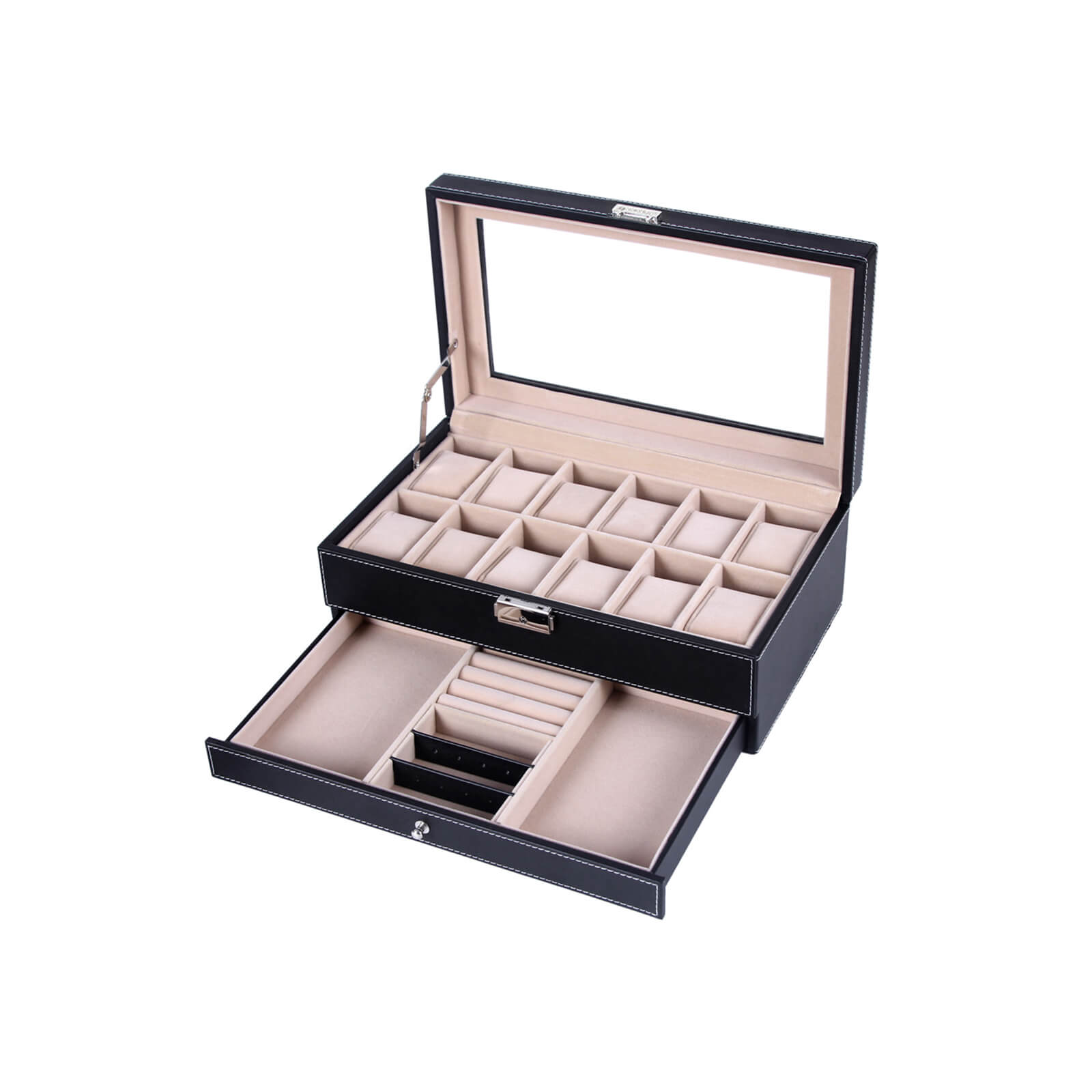 Watchbox - med låda - 12 klockor - smyckesbox - glaslock - svart