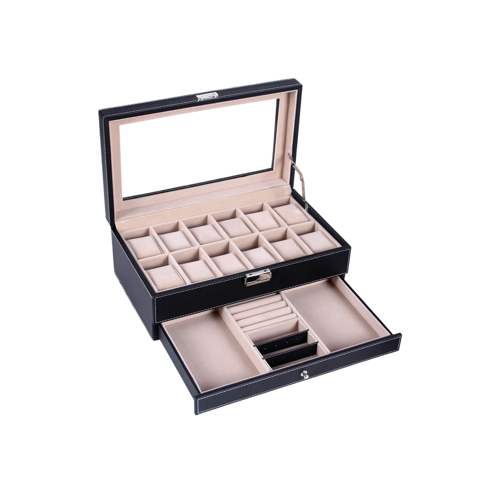 Watchbox - med låda - 12 klockor - smyckesbox - glaslock - svart