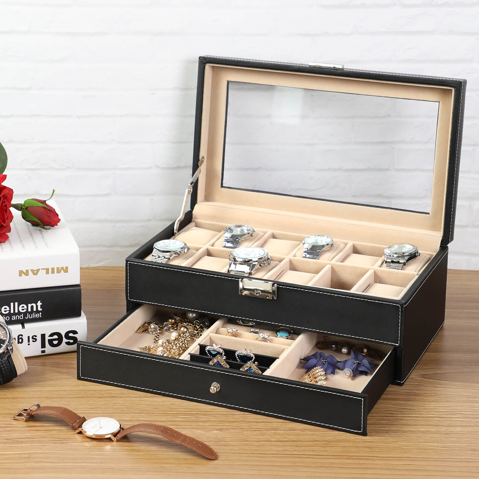 Watchbox - med låda - 12 klockor - smyckesbox - glaslock - svart