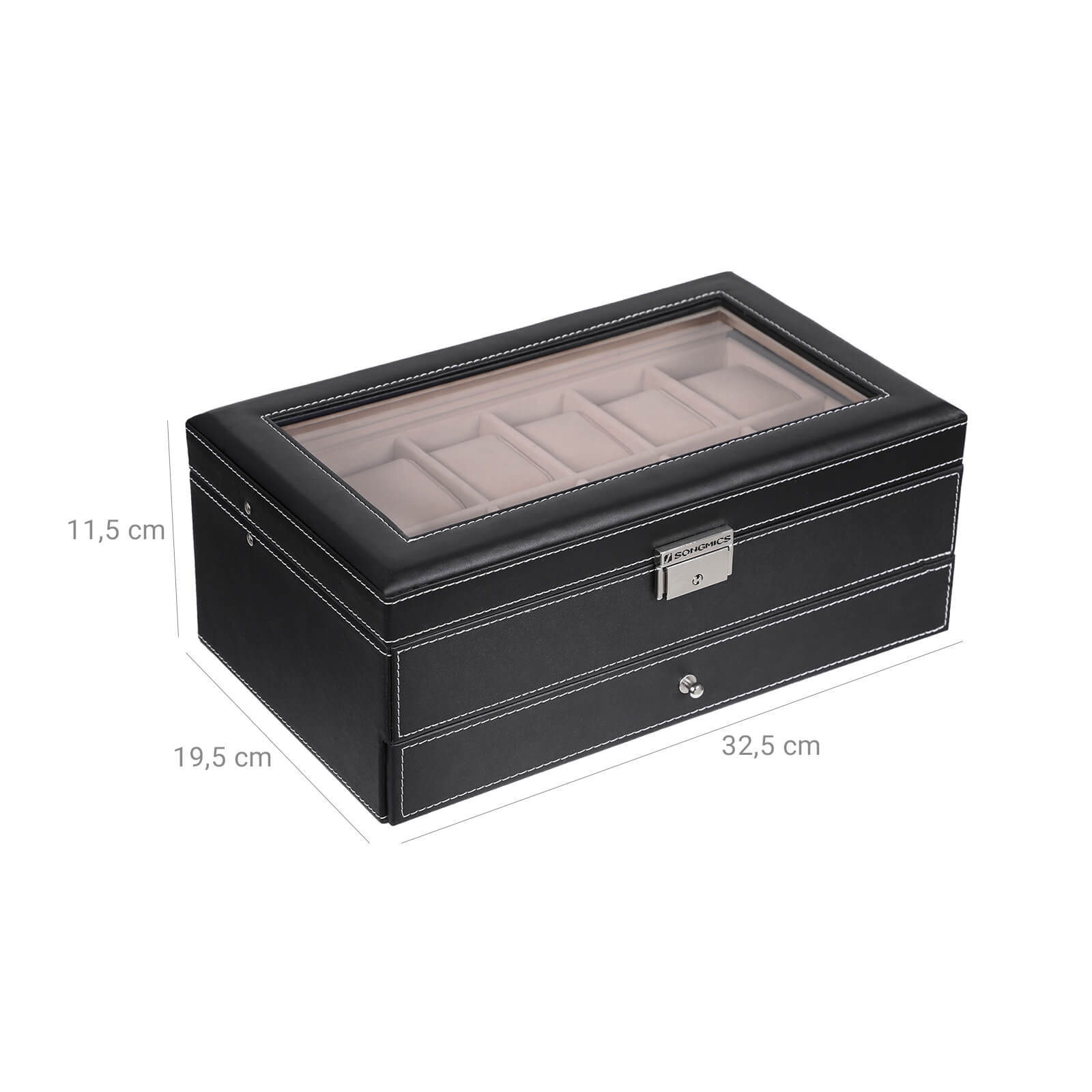 Watchbox - med låda - 12 klockor - smyckesbox - glaslock - svart