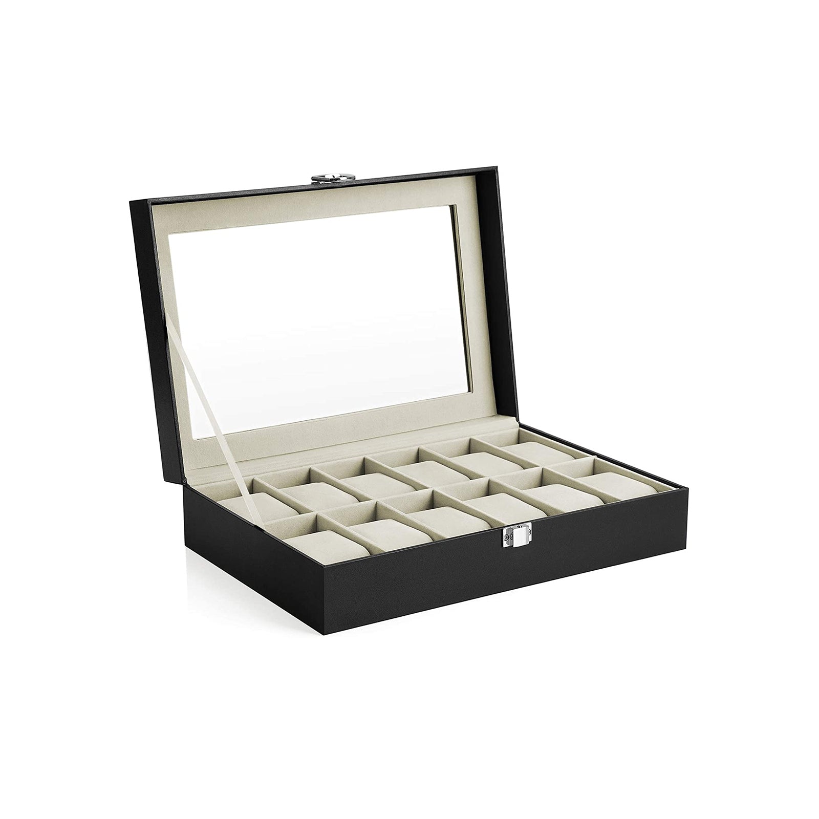 Watchbox - 12 klockor - glaslock - svart