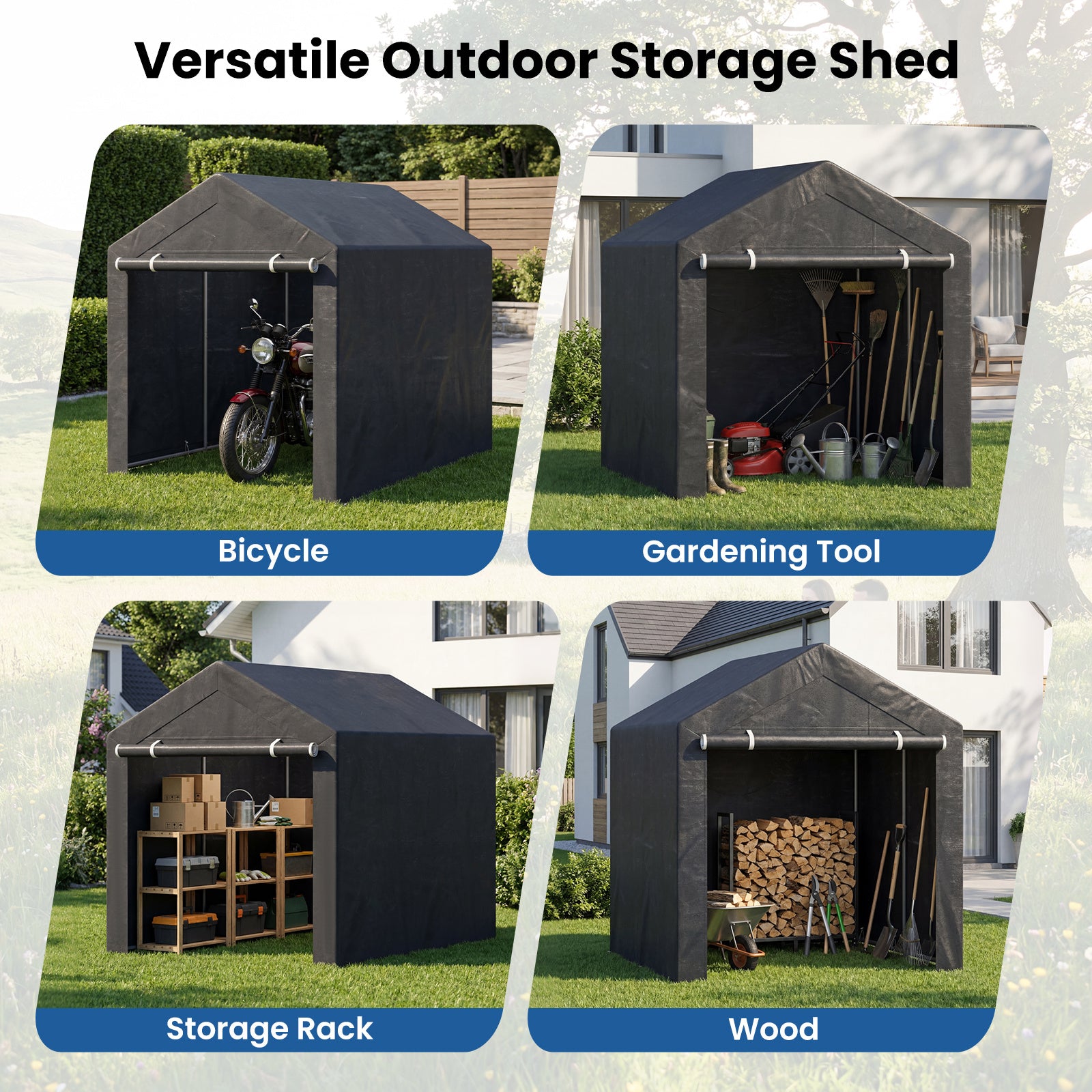 Utrustningsskåp – garageförrådstält med upprullbar dragkedjedörr och metallpluggor, – / 6 220 x 160 x 174 cm