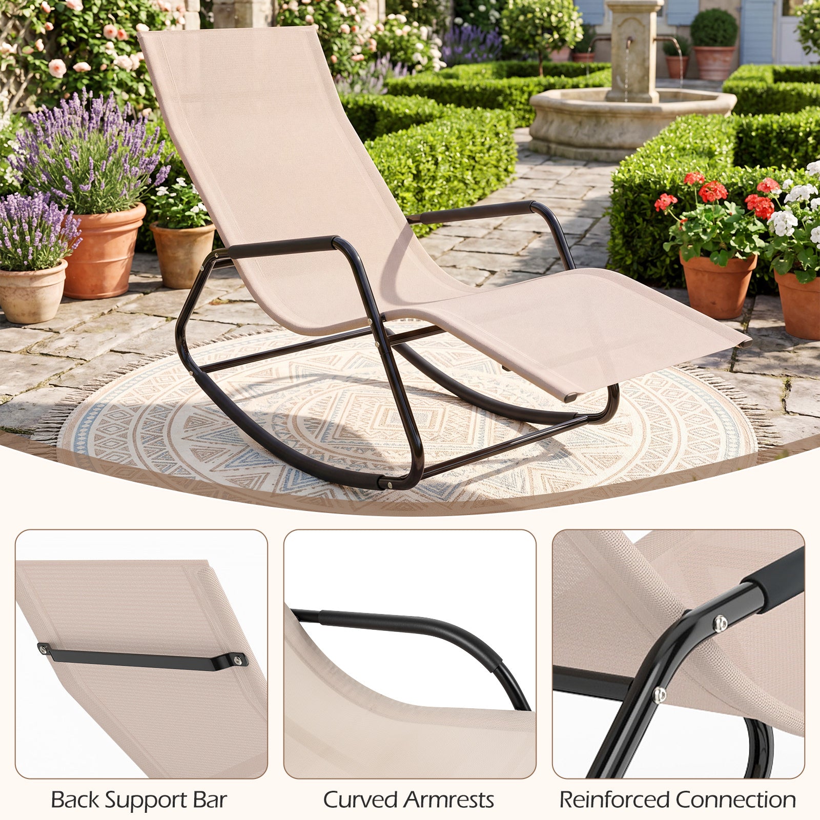 Väderbeständig – trädgårdssoffa ergonomisk gungstol i andningsbart tyg med metallram – 143 x 57 x 86 cm – Beige