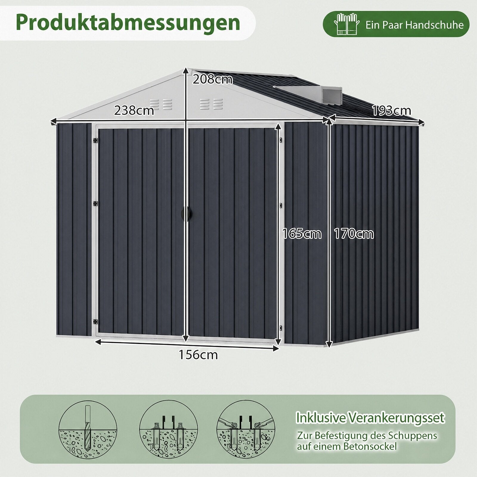 Verktygsbod – av galvaniserad stål, cm, trädgårdshus med sadeltak – 238 x 193 x 208