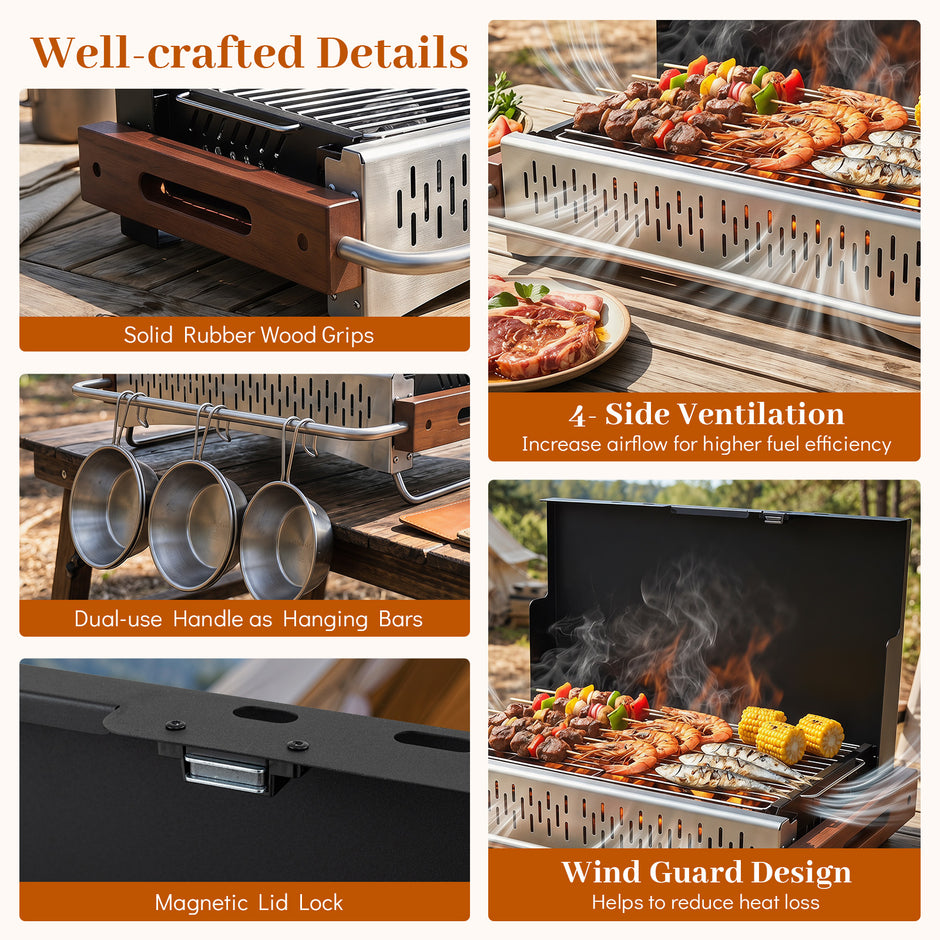 Vikbar – utomhusgrill, portabel kolgrill av metall för camping, – 62 x 43,5 x 41,5 cm