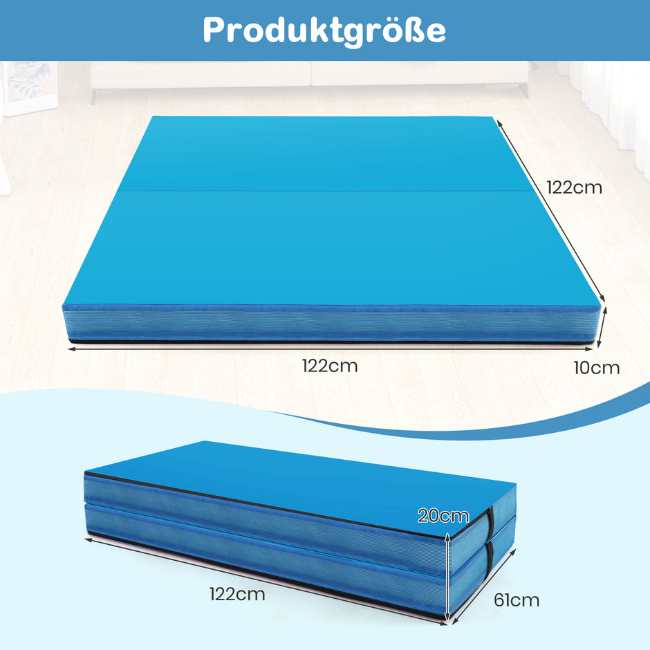 Fällbar – gymnastikmatta tjock dubbelvikbar och tumblingmatta med konstläderöverdrag – 122 x 122 x 10 cm – Blå
