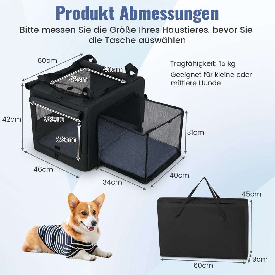 Fällbar – hundbur med öppningar och fönster nätkorg hundtransportbur hundväska – 2 80 x 60 x 42 cm – Svart