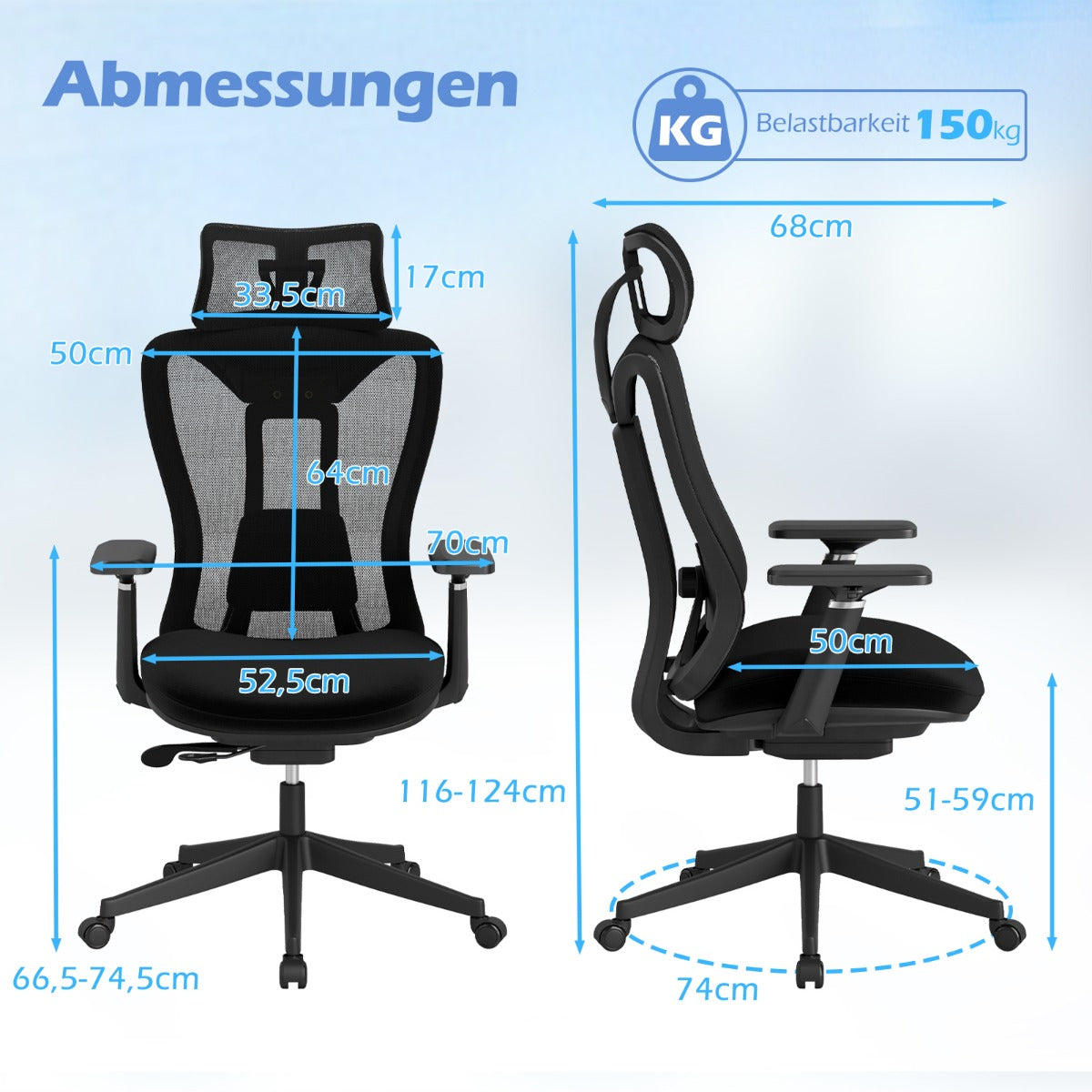 Ergonomisk – kontorsstol med justerbart ländryggstöd och nackstöd 3D armstöd – Svart