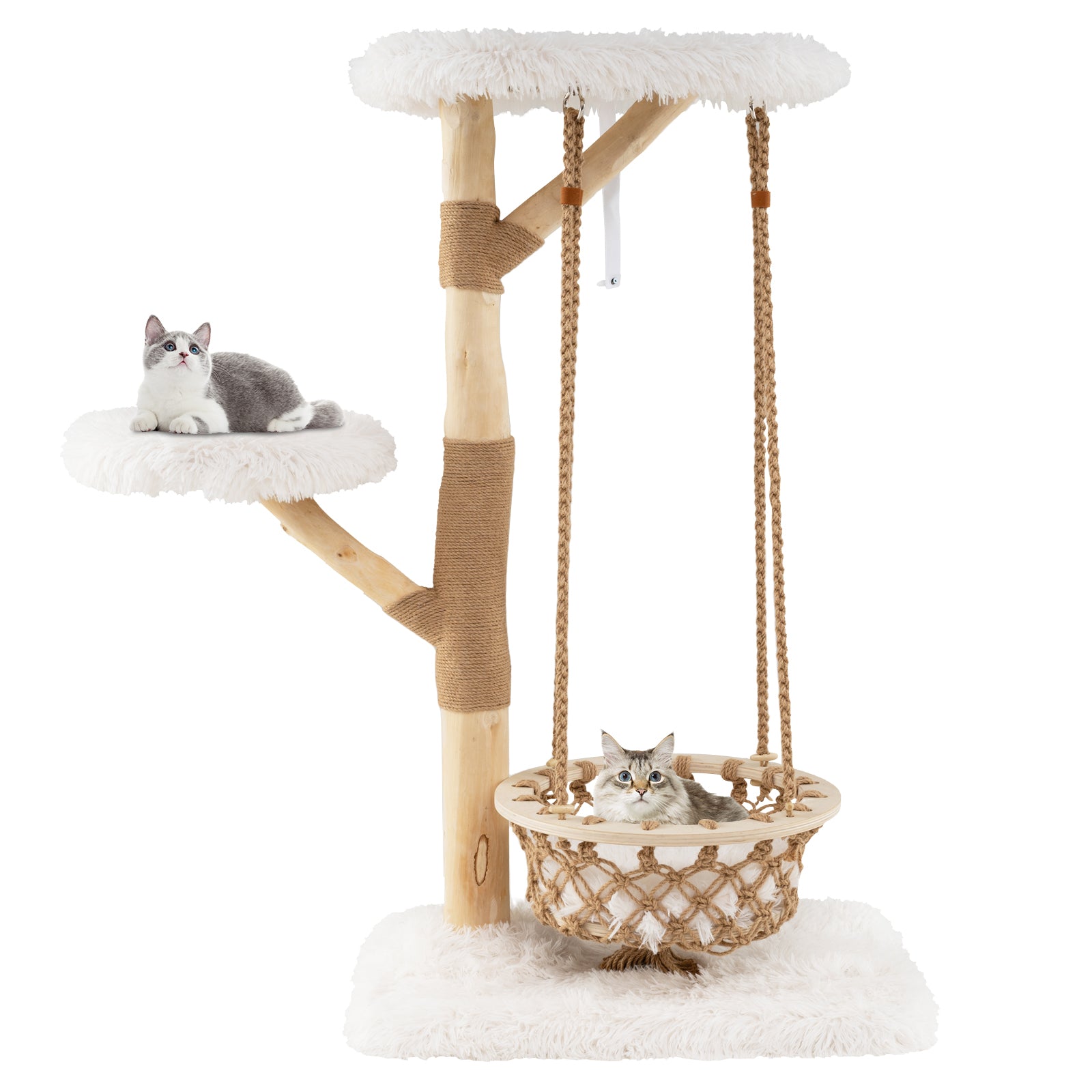 Kattträd – med hängande korg och klättertorn riktiga trägrenar kattaktivitetsträd – 123 cm – Natur