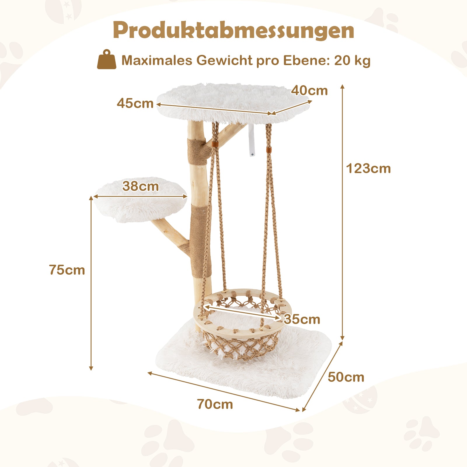 Kattträd – med hängande korg och klättertorn riktiga trägrenar kattaktivitetsträd – 123 cm – Natur