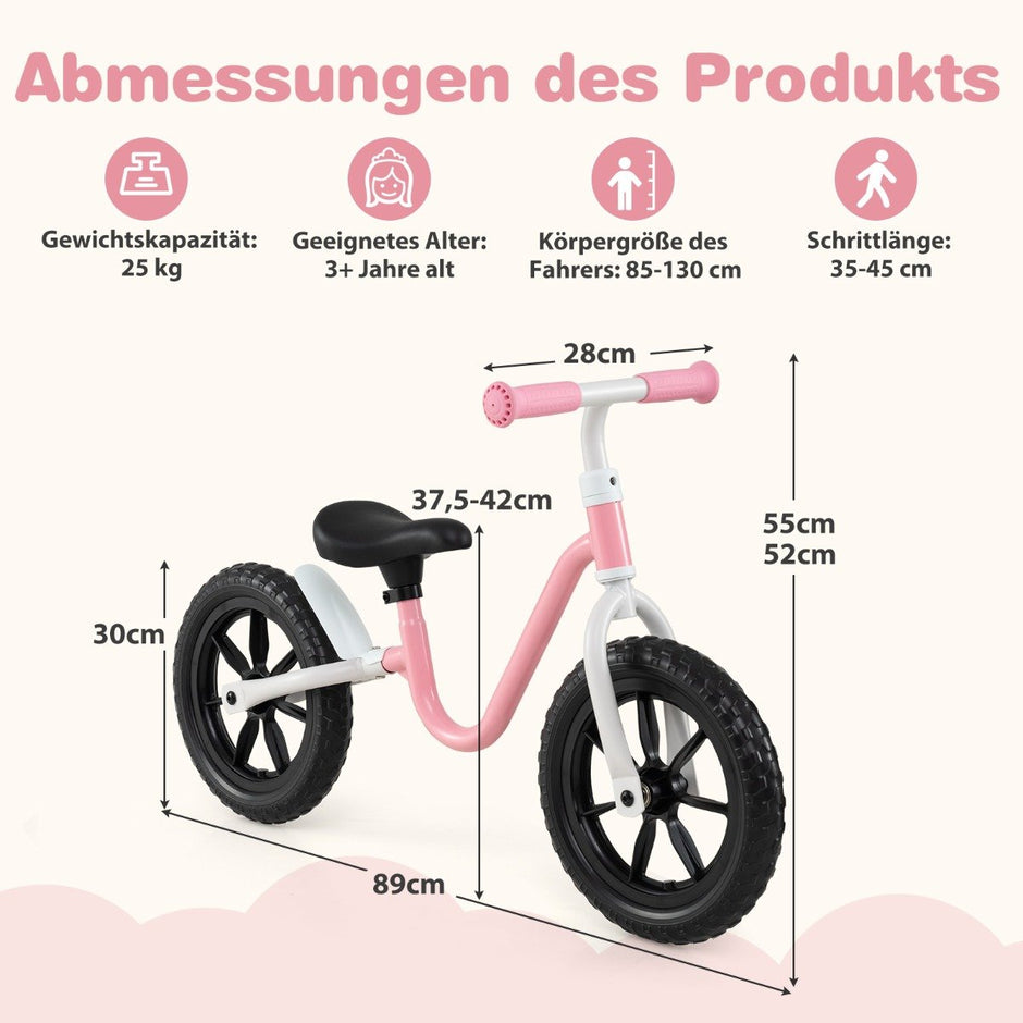 Löparhjul – med ratt och Höjdjusterbart säte Lärande tum – 12 – Rosa