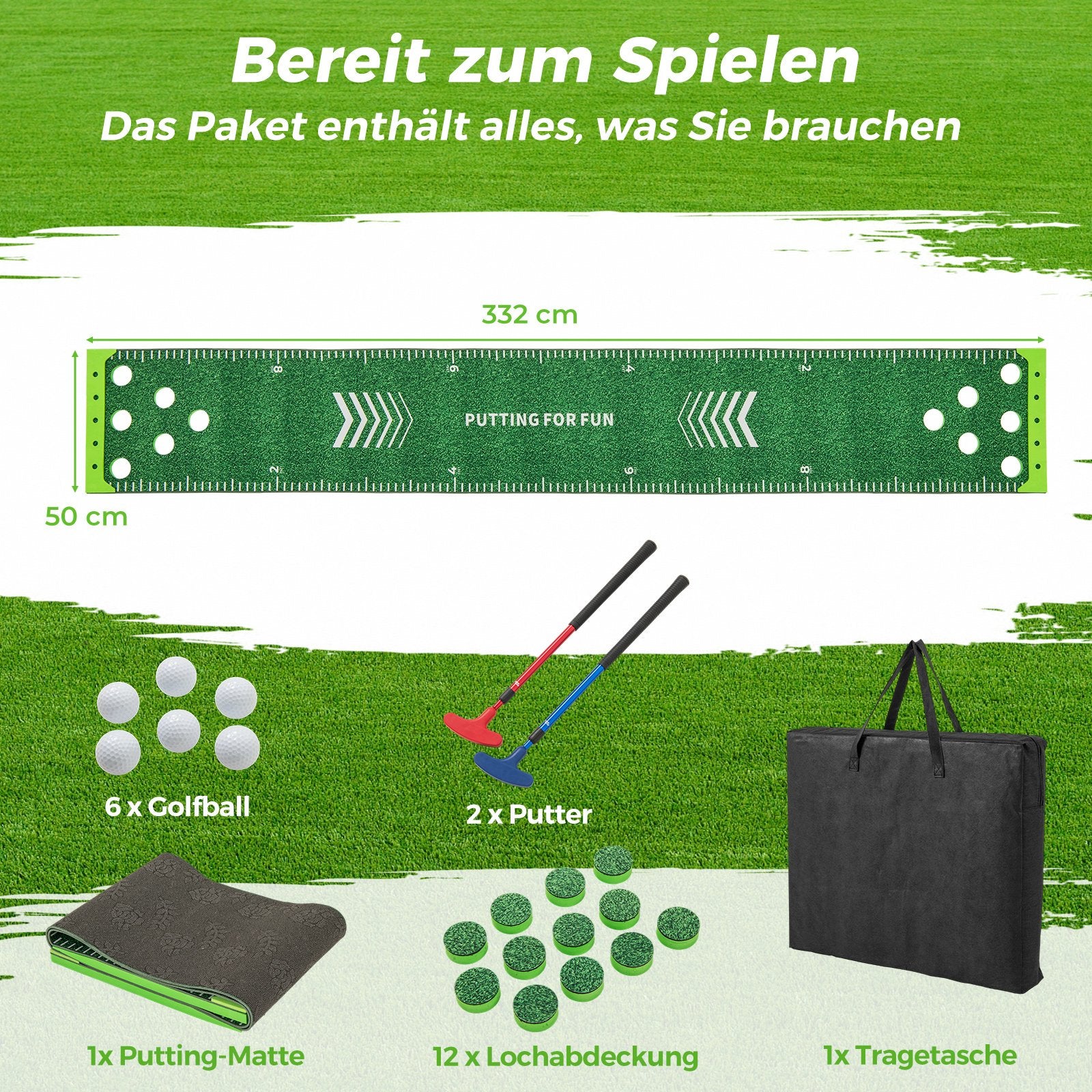 Golfputtningsmatta – med justerbara klubbor och bollar träningsmatta – 2 6 332 cm – Grön