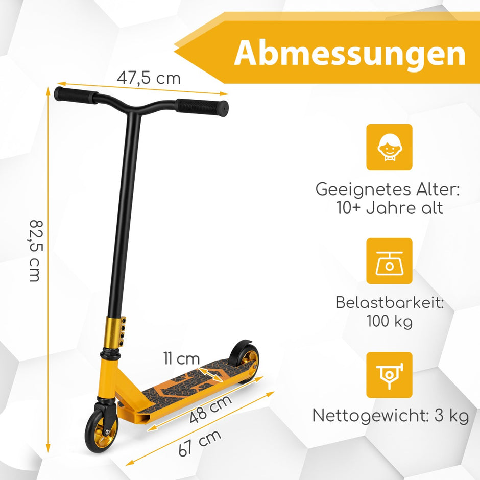 Stunt – Scooter med styrning och PU hjul aluminiumplatta – 360 – Gul
