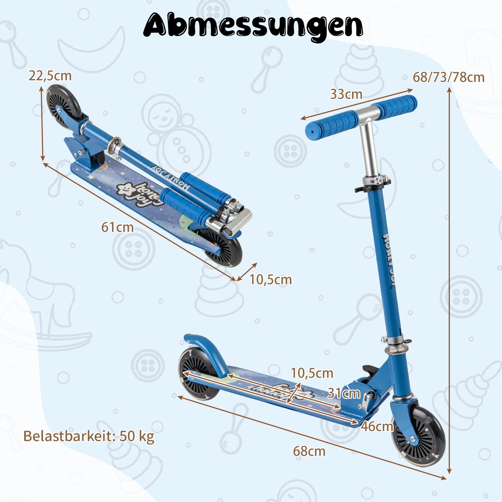 Hopfällbar – barnrullskridsko med LED hjul, styre, ställ och bärrem, scooter – Blå