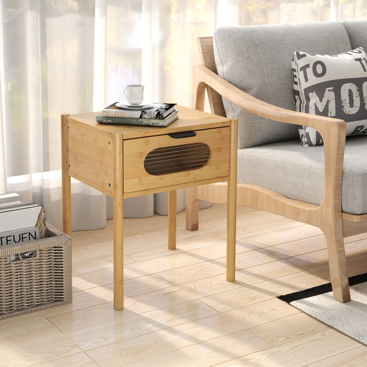 Bambu – Nattduksbord med Låda av Härdat Glas Sidobord – Natur