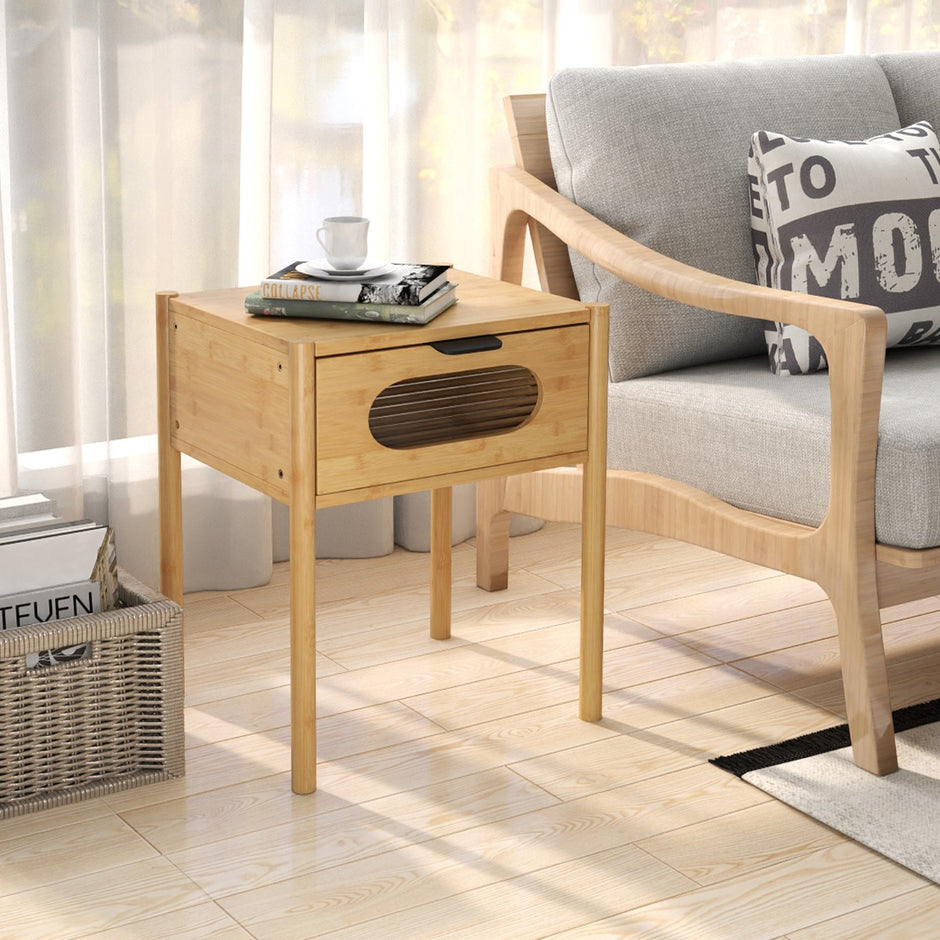 Bambu – Nattduksbord med Låda av Härdat Glas Sidobord – Natur