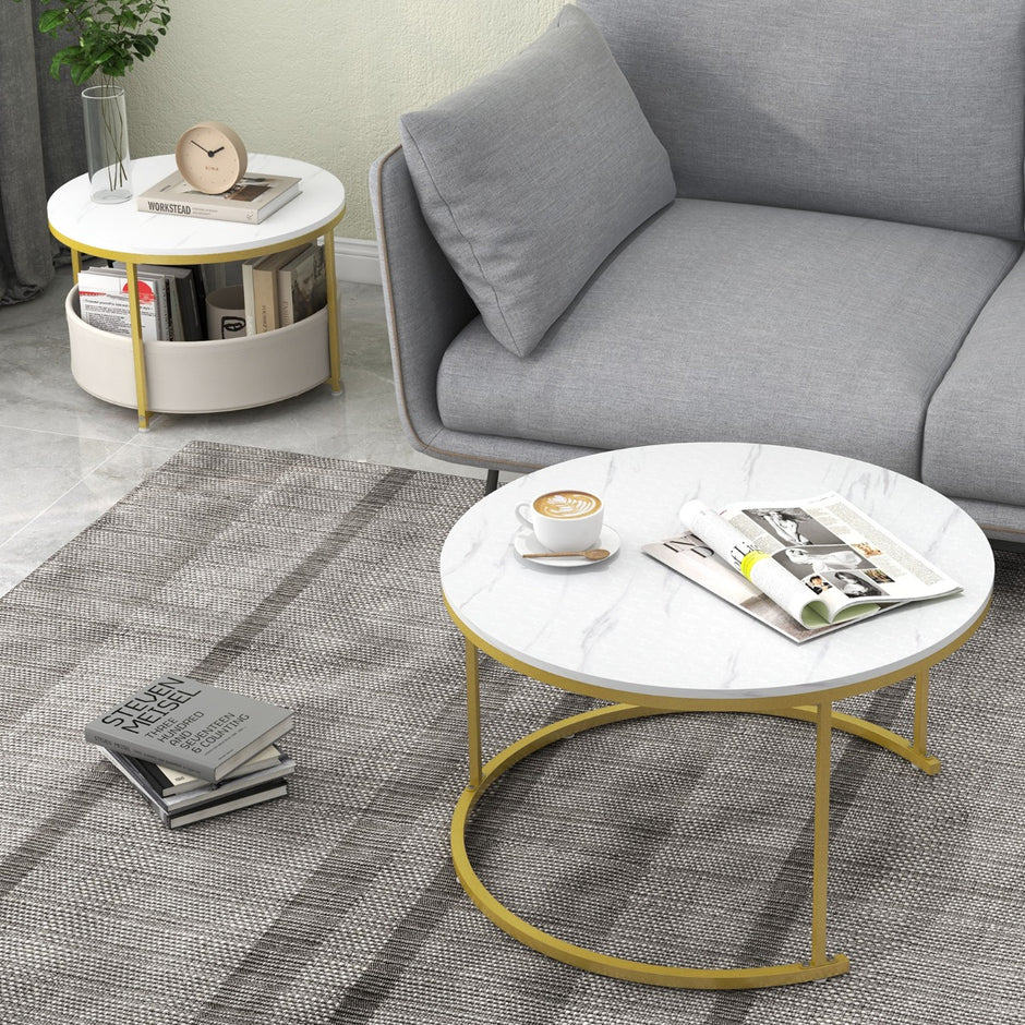 pack – Runda Sofabord Cocktailbord med Tyglagerväska och Metallram Infällbar Sidobord – 2 – Vit
