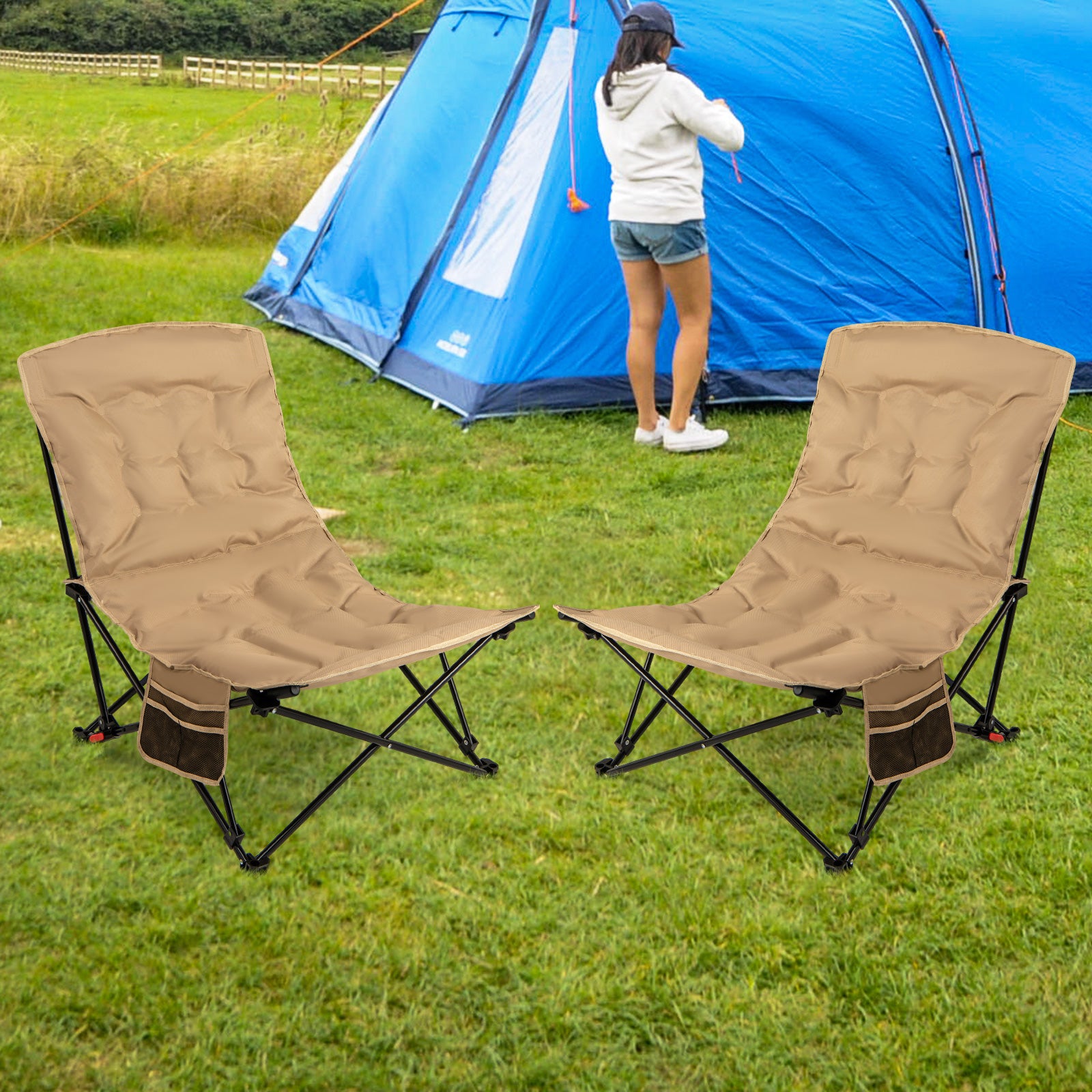 Fällbar – campingstol med justerbart ryggstöd och bärförmåga – 225 kg – Khaki
