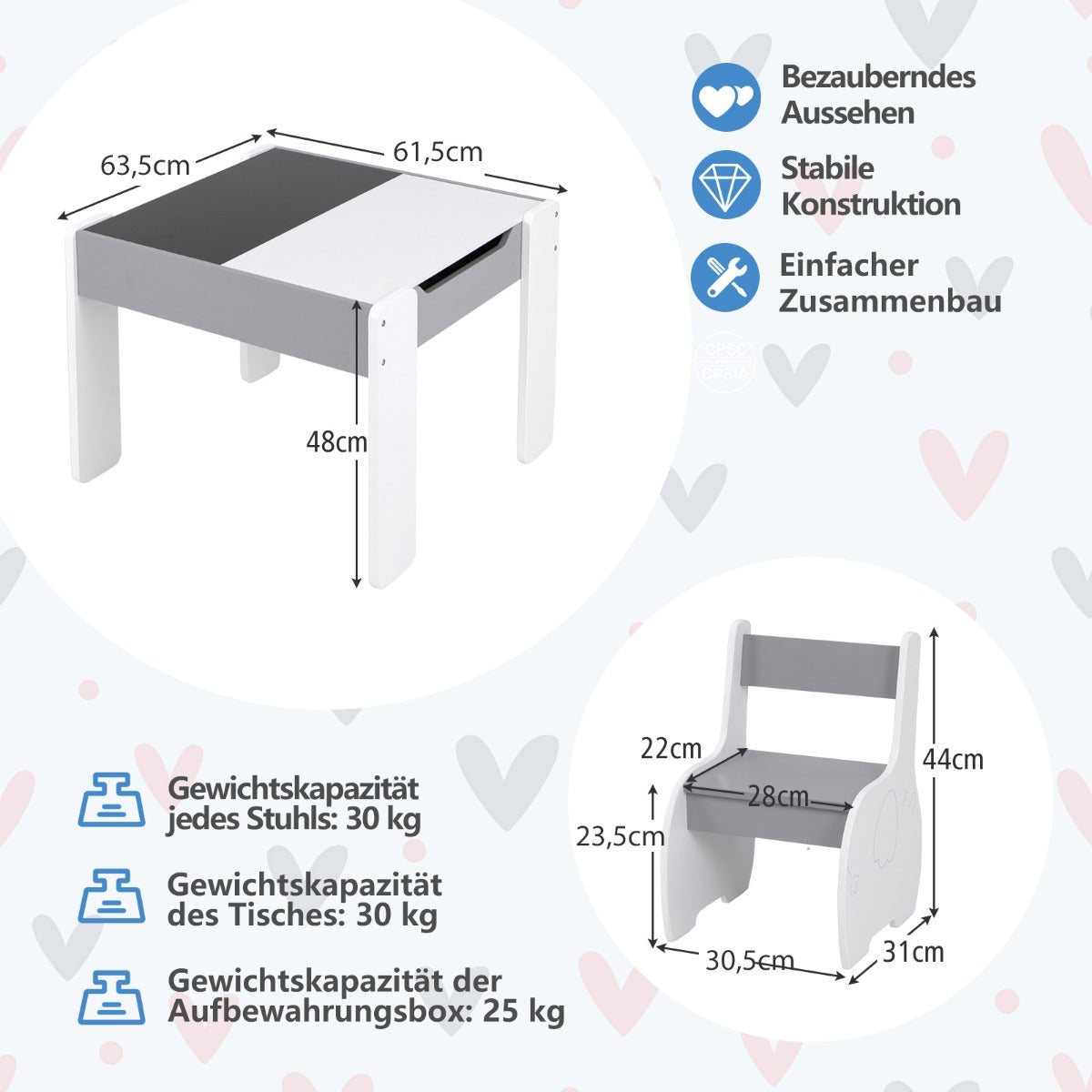 Barnbord – med stolar Barnsittgrupp vändbar och avtagbar bordsskiva – 2 – Ljusgrå