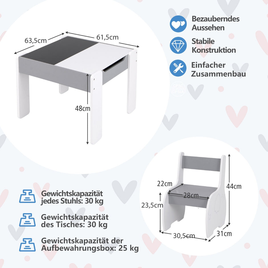 Barnbord – med stolar Barnsittgrupp vändbar och avtagbar bordsskiva – 2 – Ljusgrå