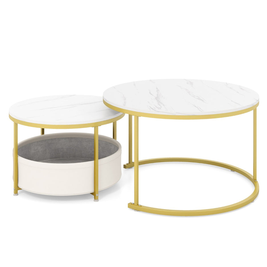 pack – Runda Sofabord Cocktailbord med Tyglagerväska och Metallram Infällbar Sidobord – 2 – Vit