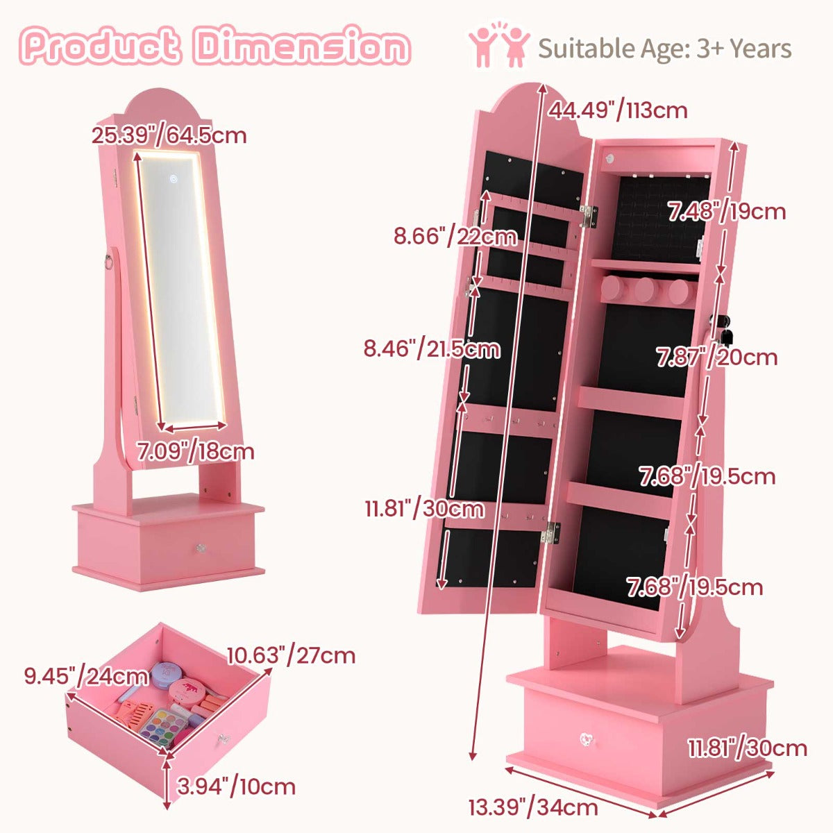 Barn – Smyckeskåp med Belysning Stående Smyckeorganizer Helkroppsspegel – Rosa