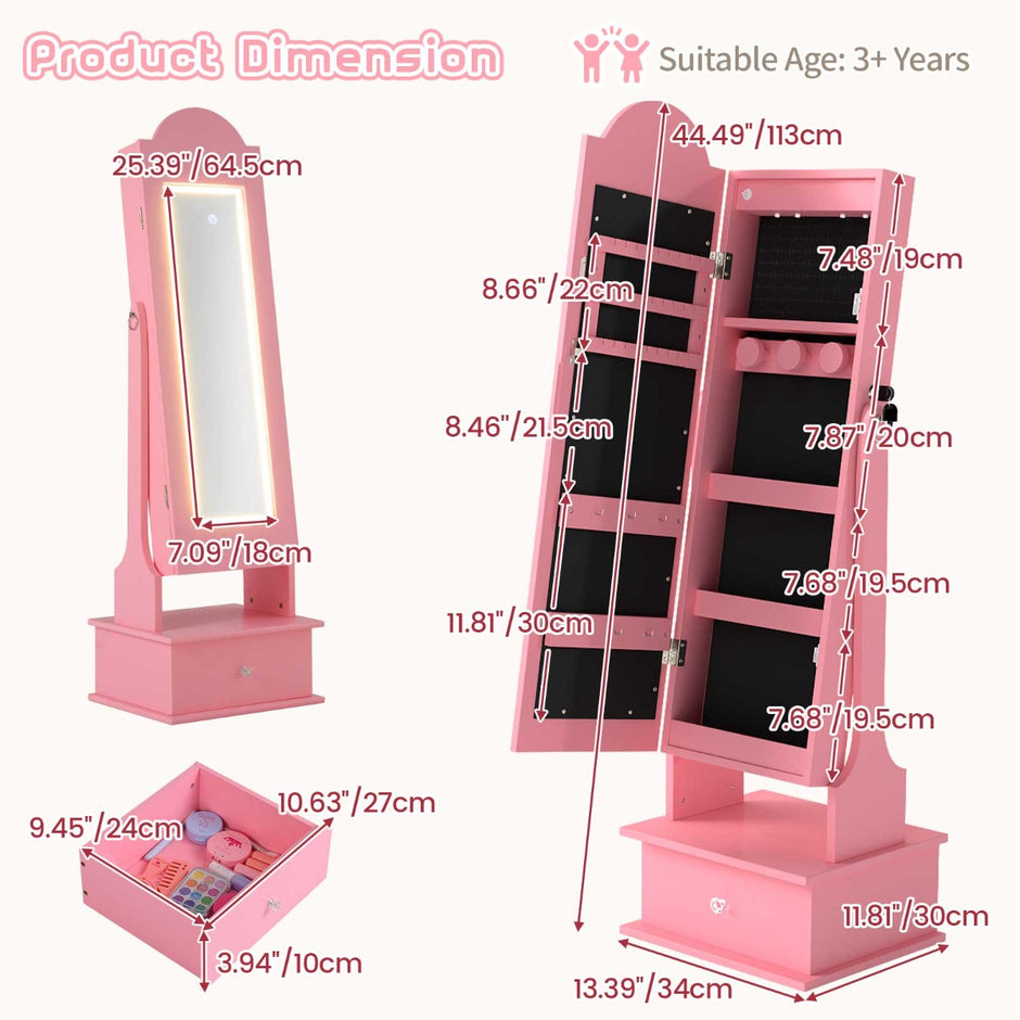 Barn – Smyckeskåp med Belysning Stående Smyckeorganizer Helkroppsspegel – Rosa