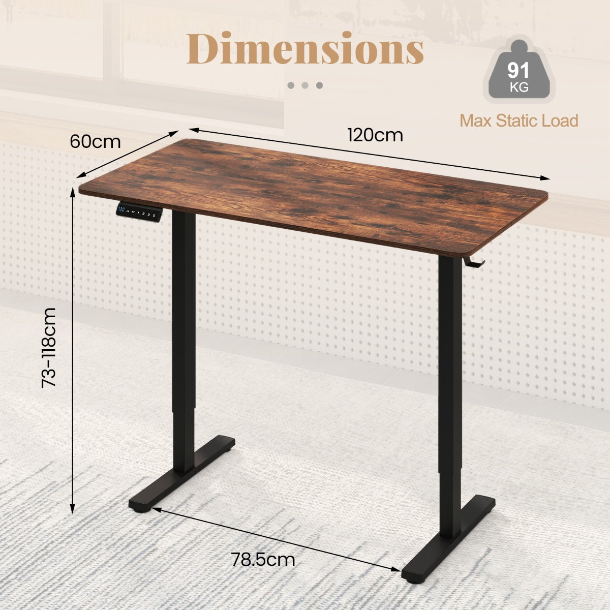 Höjjusterbart – Skrivbord med Krok Elektriskt Rustik – 120 x 60 cm – Brun