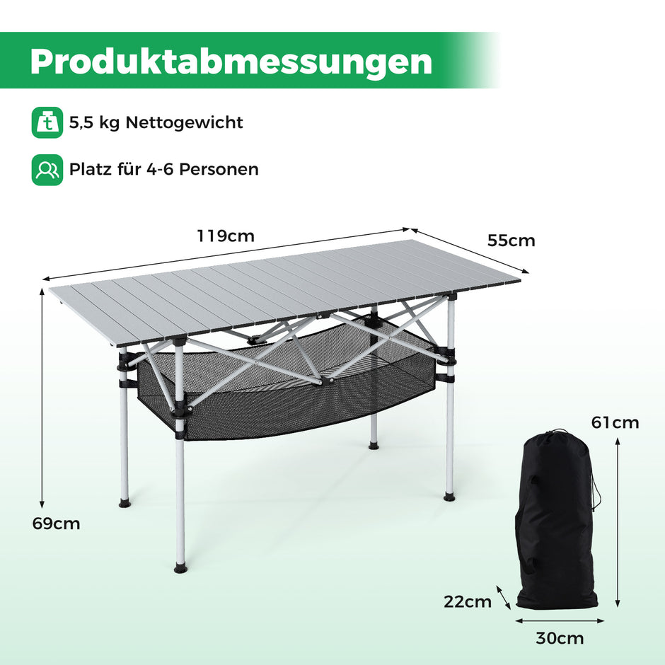 Fällbar – campingbord för terrass, bärbart picknickbord med rullbar aluminiumskiva och nätkorg i – . – Silver