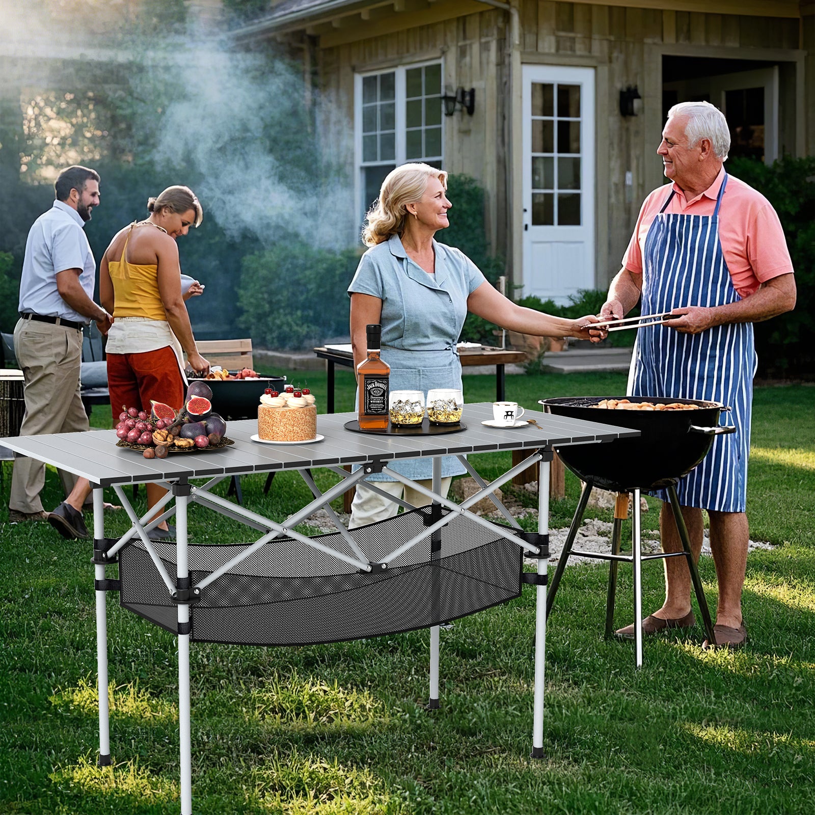 Fällbar – campingbord för terrass, bärbart picknickbord med rullbar aluminiumskiva och nätkorg i – . – Silver