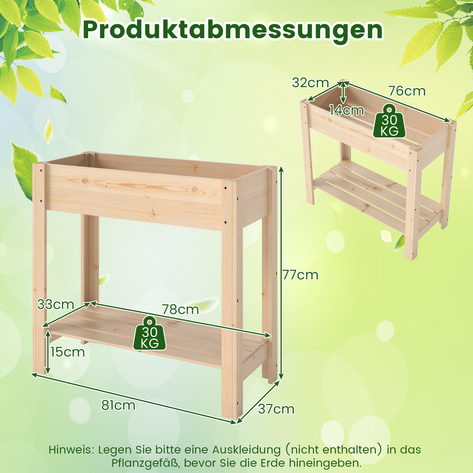 Höjdodling – med avlastning Förhöjd trädgårdsbädd i trä Planteringslåda dränering – 81 x 37 x 77 cm – Natur