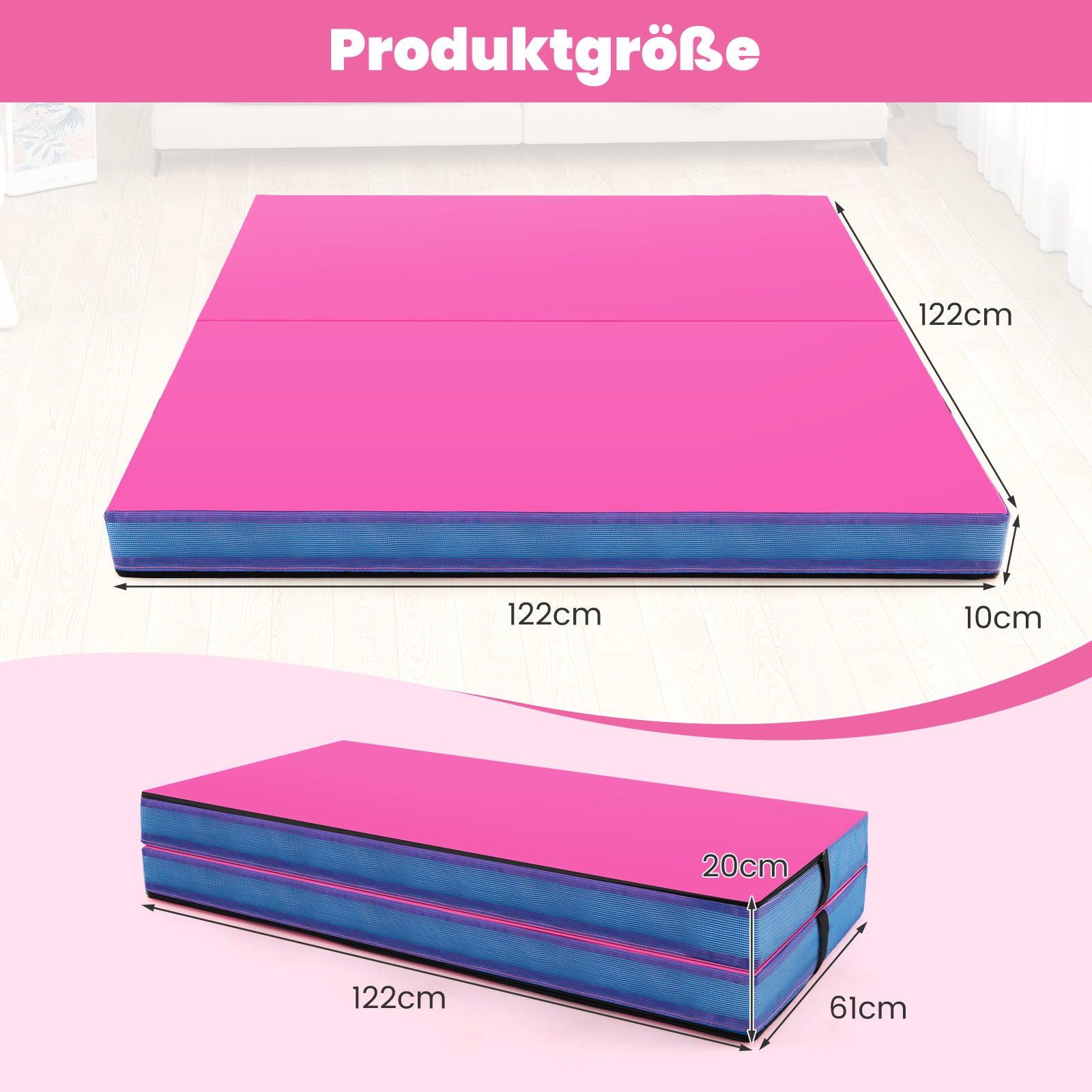 Fällbar – gymnastikmatta tjock dubbelvikbar och tumblingmatta – 122 x 122 x 10 cm – Rosa