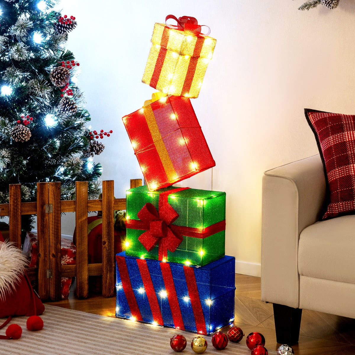 pack – upplysta julklappslådor, lysande presentlådor med färgglada rosetter, flerfärgade – 4 – Flerfärgad