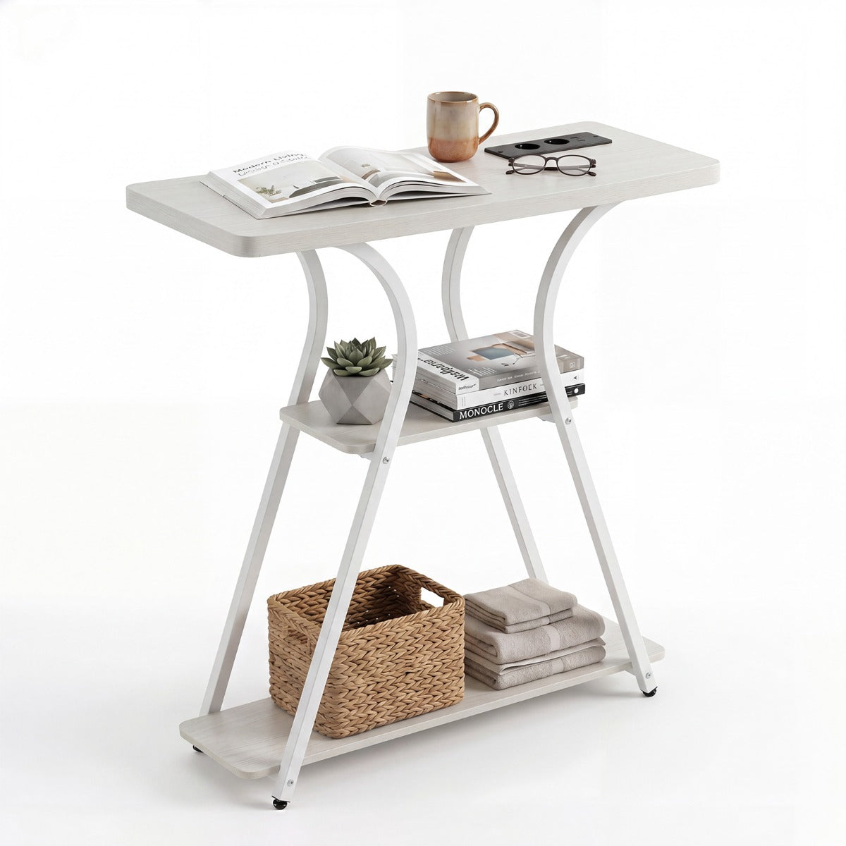 Konsolbord – med LED belysning och laddstation, smalt hallbord hyllor, metallram fjärrkontroll Vitt – 3 – Vit