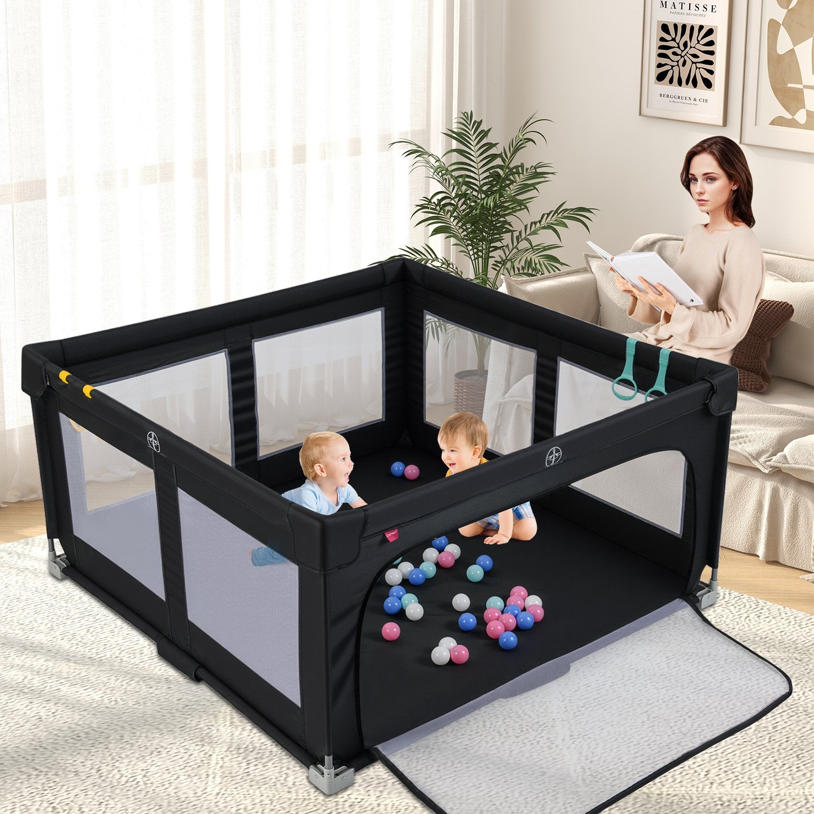 Leksaksgård – för baby, hopfällbar lekgård med bollar, handtag och dragkedjedörr – 50 4 150 x 150 cm – Svart