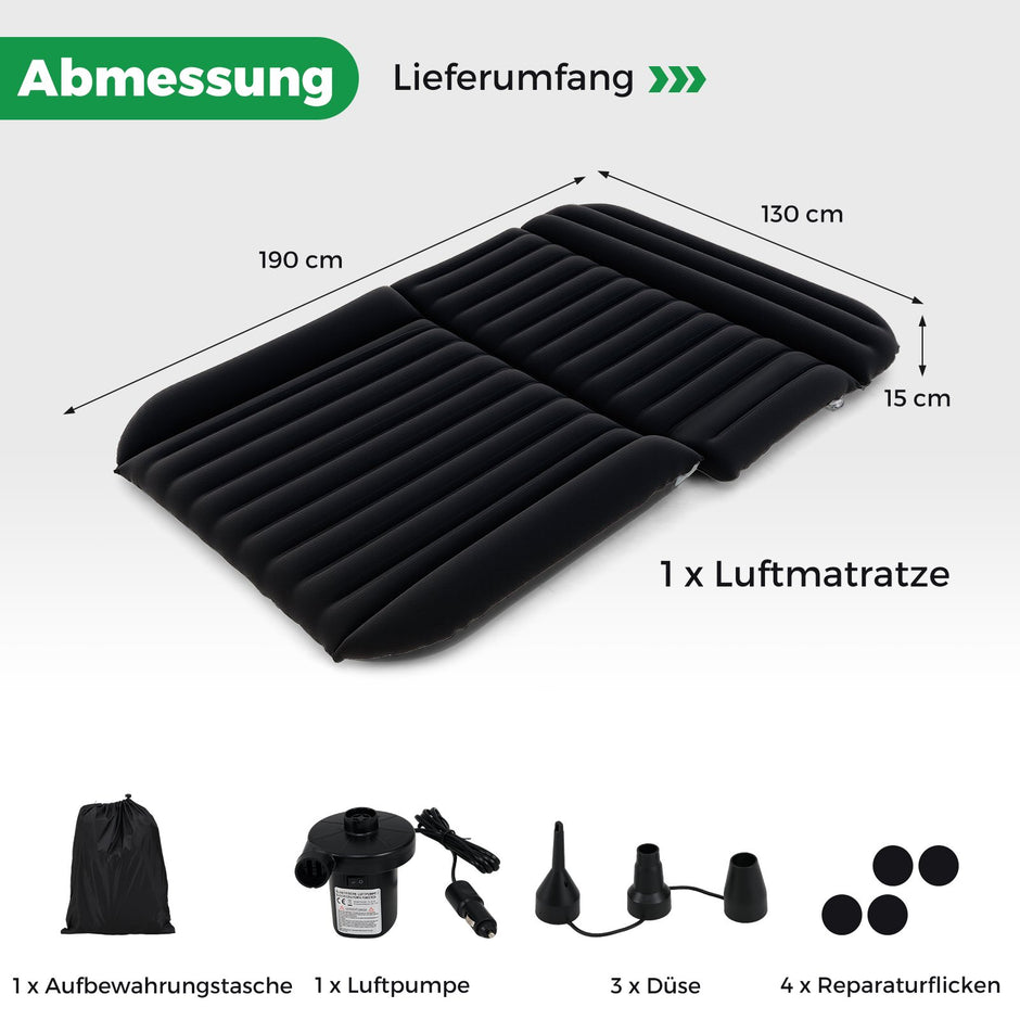 Bilmadrass – SUV luftmadrass dubbelsidig uppblåsbar luftbed med luftpump och bärväska – 190 x 130 cm – Svart