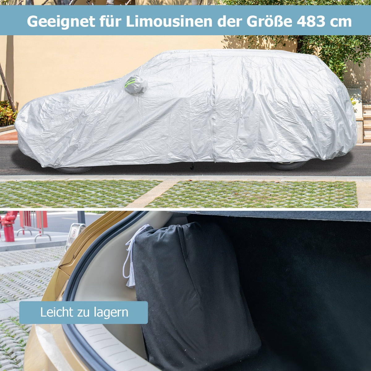 Väderbeständig – presenning för fordon Bilskydd med dragkedja – 483 x 191 x 153 cm – Silver