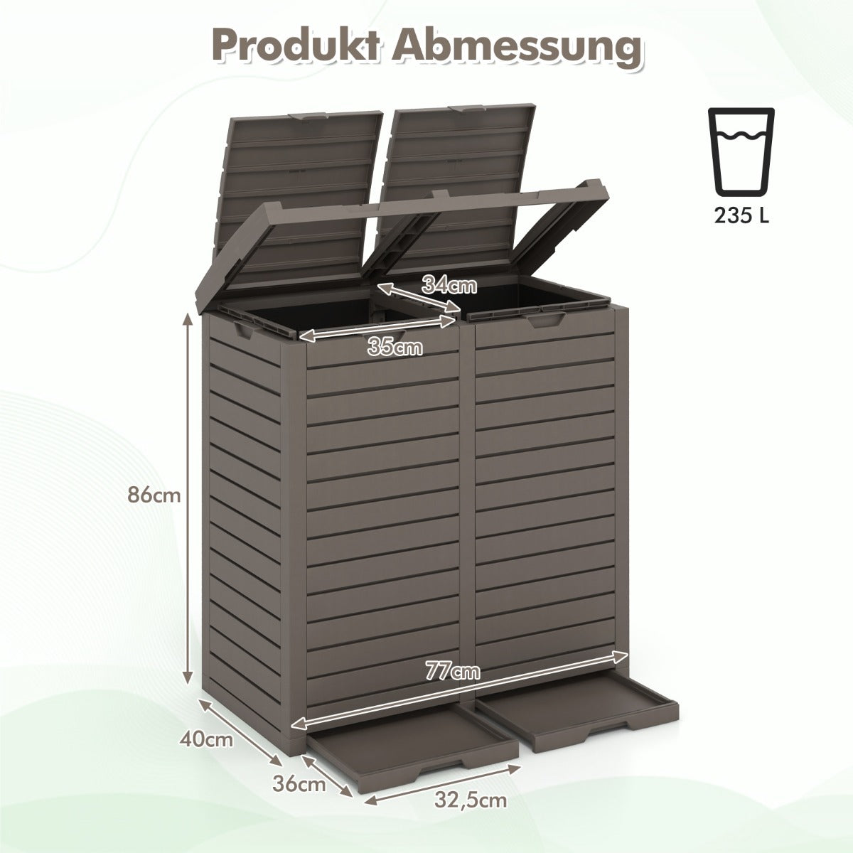 soptunna – med dubbelt lock och utdragbar droppbricka handtag utomhus – 235 L – Brun