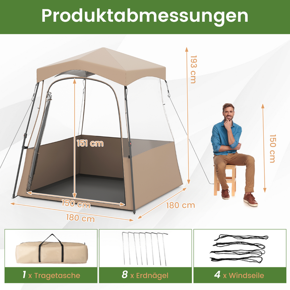 Sporttält – Transparent med klar sikt och Robust ram Bärväska – 180 x 180 x 193 cm – Brun