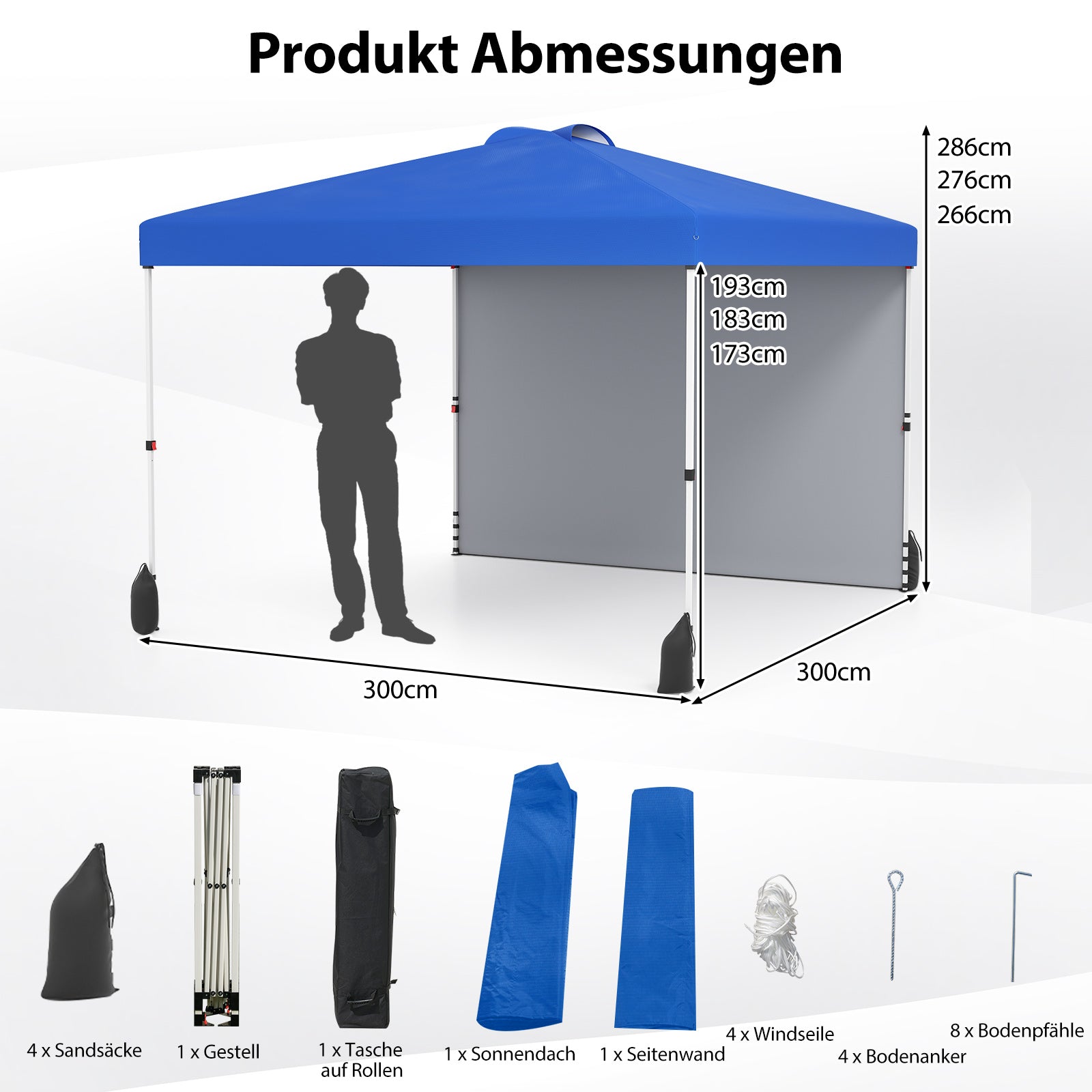 Pop – up paviljong med sidovägg Bärbar inkl. solskydd rullväska – 3 x 3 m – Blå