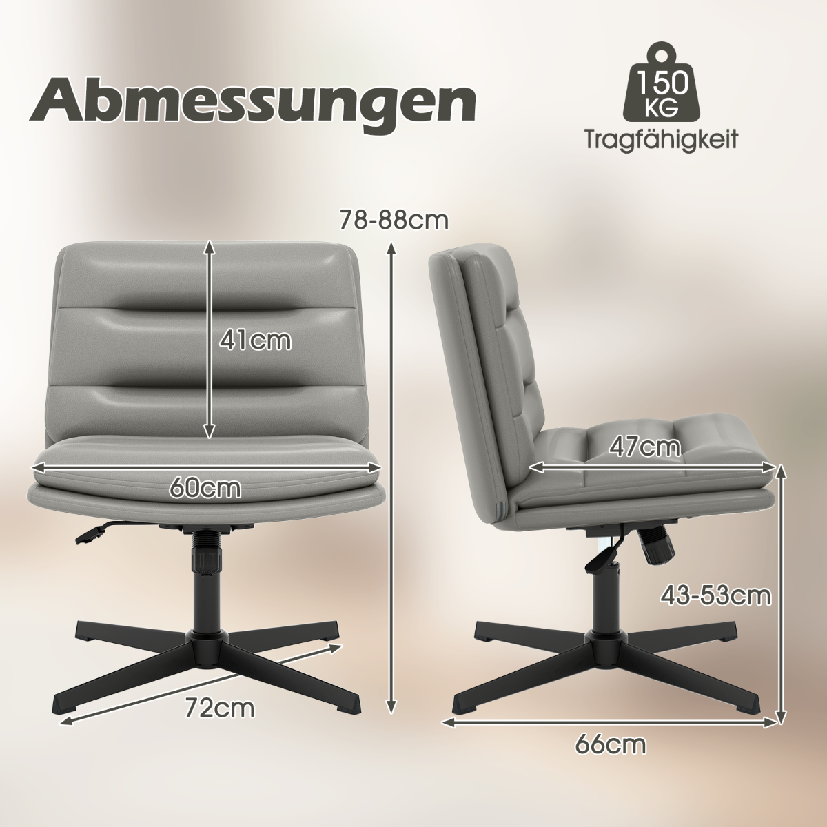 Schneidersitzstol – med tjock stoppning, höj och sänkbar snurrstol, kontorsstol – Grå