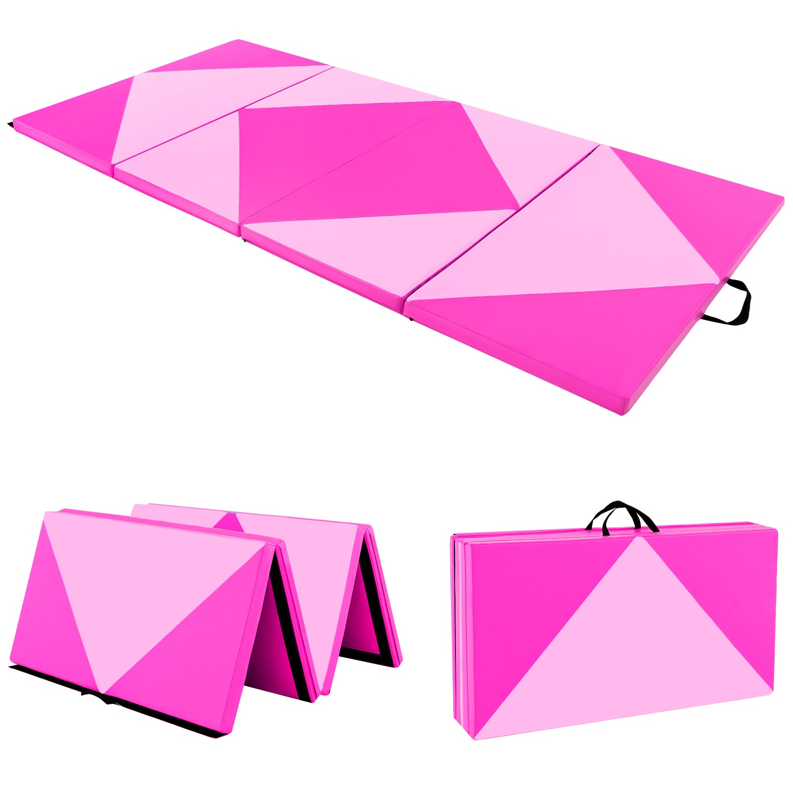 Lång – vikbar gymnastikmatta stor sportmatta i PU läder med kardborreband – 240 cm x 117 cm x 5 cm – Hot Pink